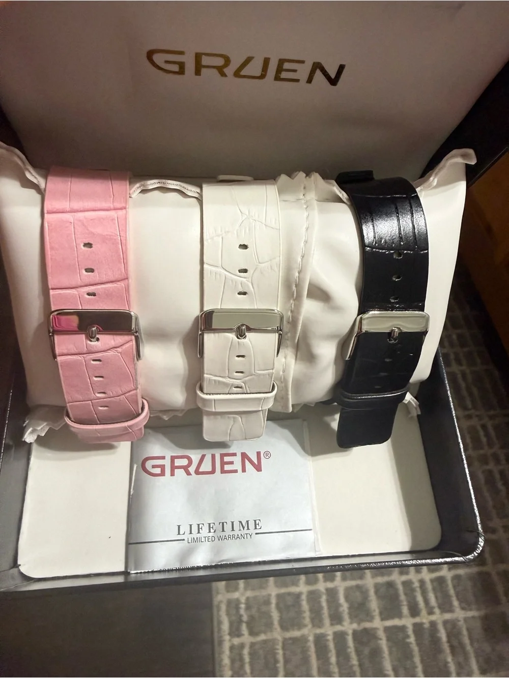 Gruen Women's Pink Crystal Accent Leather Watch with Interchangeable Bands NEW